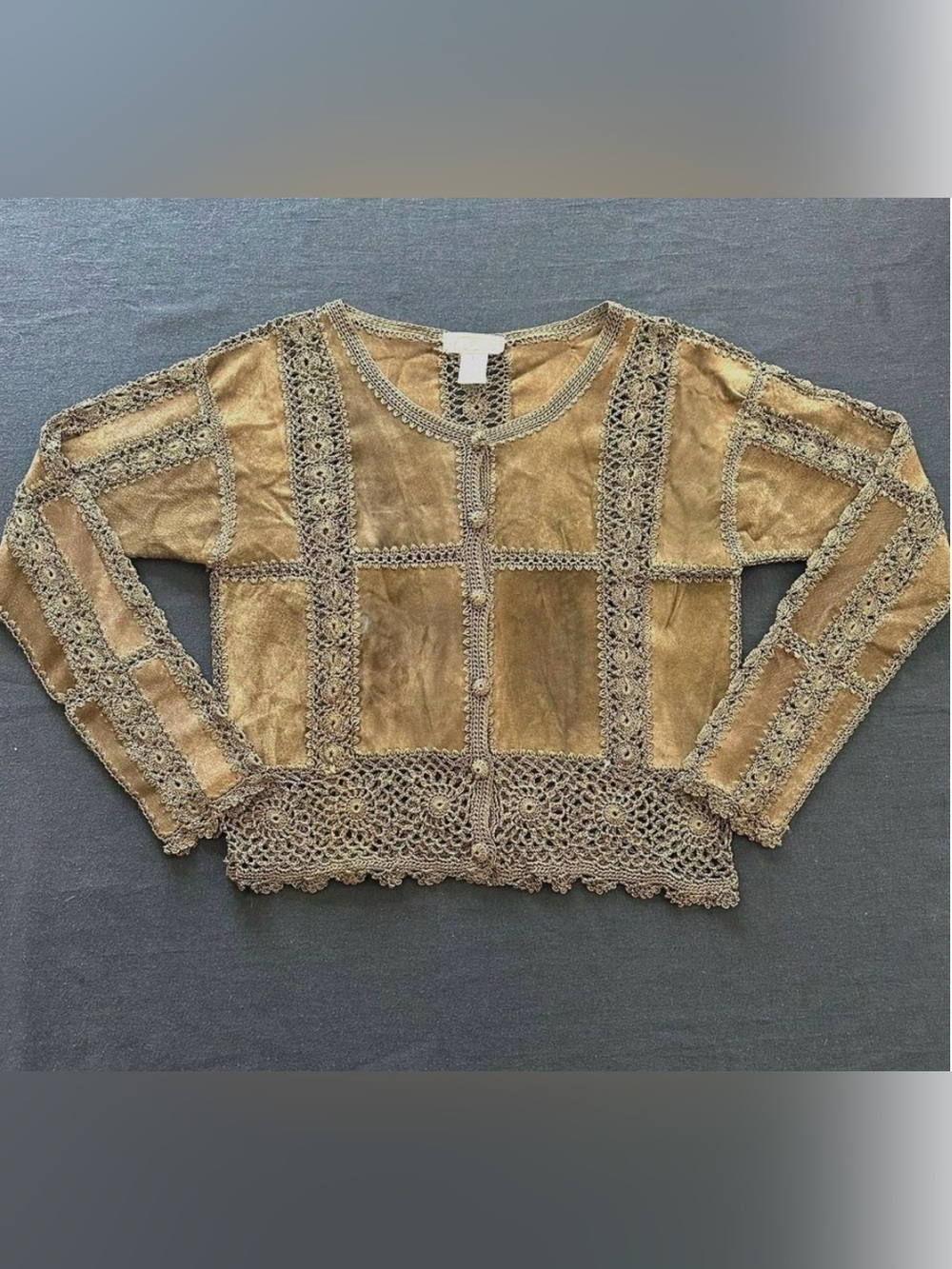 VINTAGE Green Suede Crochet Button front Cardigan Sweater Crew neck Longsleeve - Picture 11 of 13